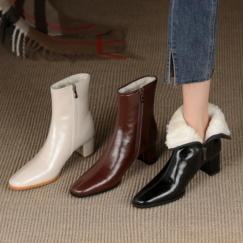 

Mature Elegant Fashion Women Ankle Boots Autumn Winter Warm Wool Genuine Leather Office Ladies Dress Basic Shoes Woman 34-43