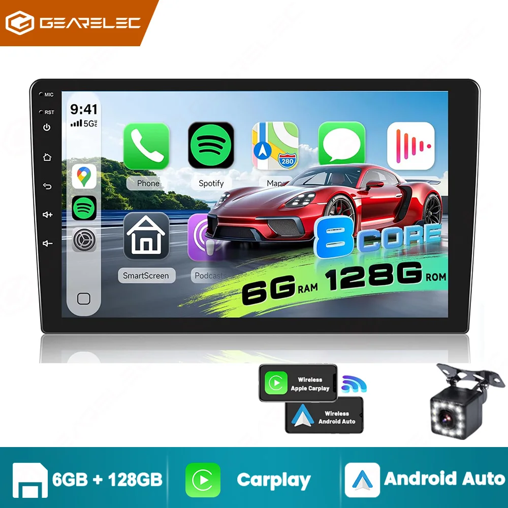 GEARELEC Radio para coche de 9 pulgadas, reproductor multimedia CarPlay, navegación Android Auto, GPS, Wi-Fi, 8+128 GB, estéreo universal 2-DIN para Nissan, Hyundai, Toyota, Honda, Ford 1