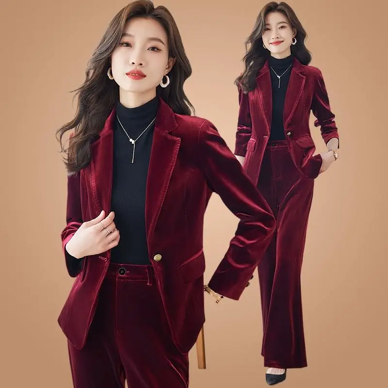 Women's Autumn/Winter New Golden Velvet Professional Suit Jacket Matching Set Korean Elegant Casual Blazers Pants Two Piece