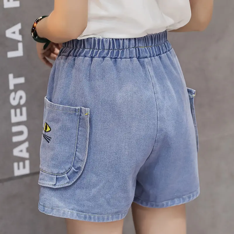 Short Pants for Woman To Wear Denim Embroidery Women's Shorts Work Jeans Office Elastic Waist Baggy Loose Clothing New In Cheap