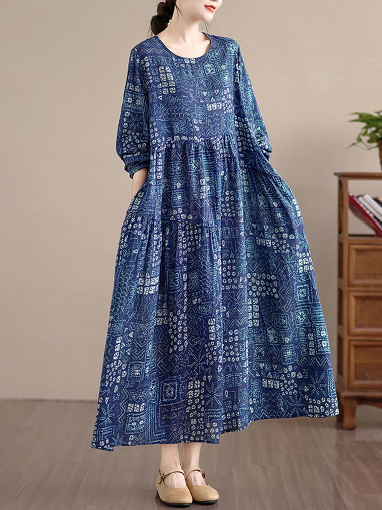 2025 Spring Autumn Cotton Long Sleeve Print Vintage Dresses Women Casual Loose Long Dress Office Lady Vestidos Elegant Clothing