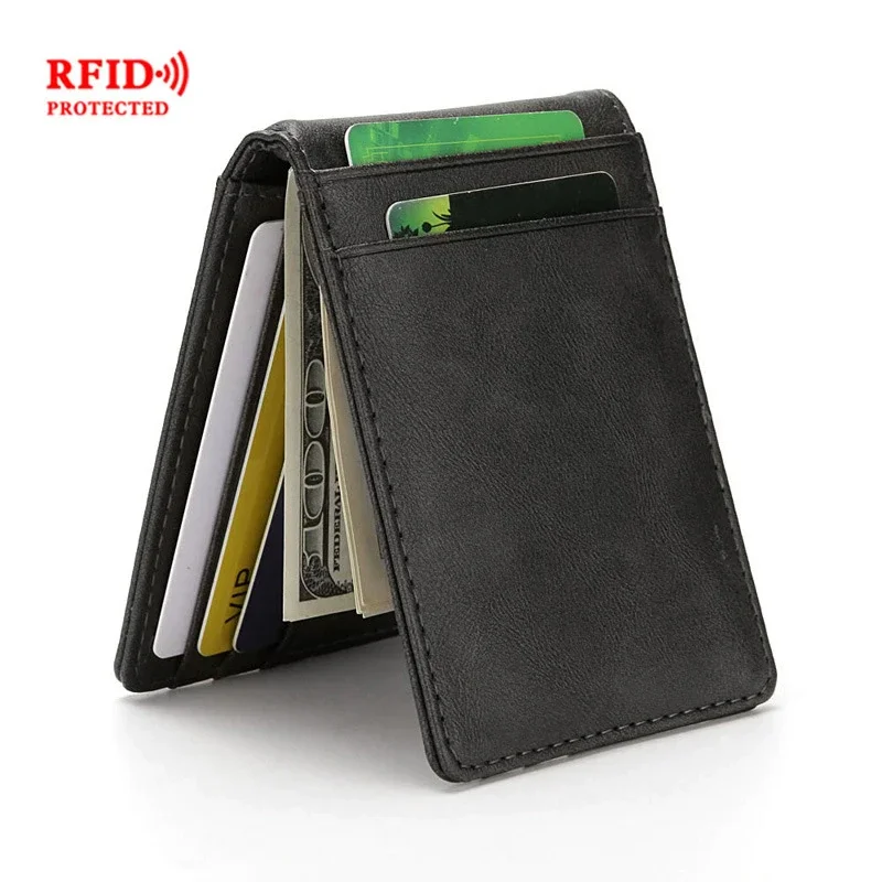 Hot Sale Fashion Men's RFID Thin Tickets Money Clip PU Leather Wallet with Metal Clamp Female ID Credit Card Purse Cash Holder