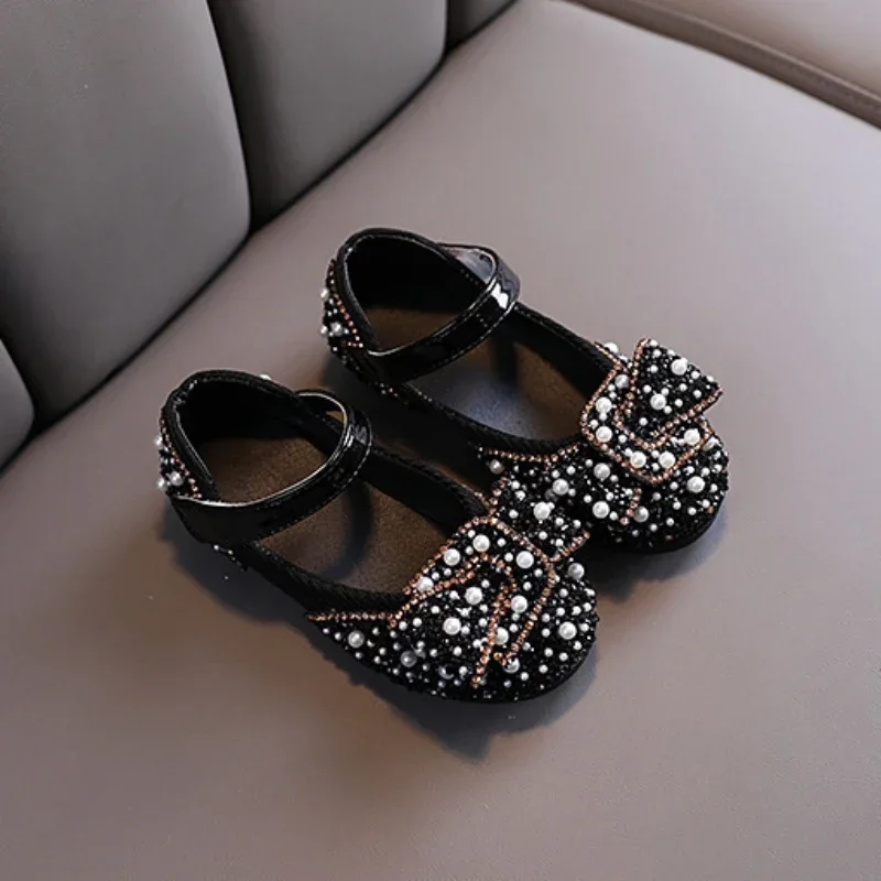 Children's Leather Shoes Rhinestone Pearl Luxury Girl Princess Shoes Fashion Shallow Kids Causal Flat Mary Jane Shoes for Ballet