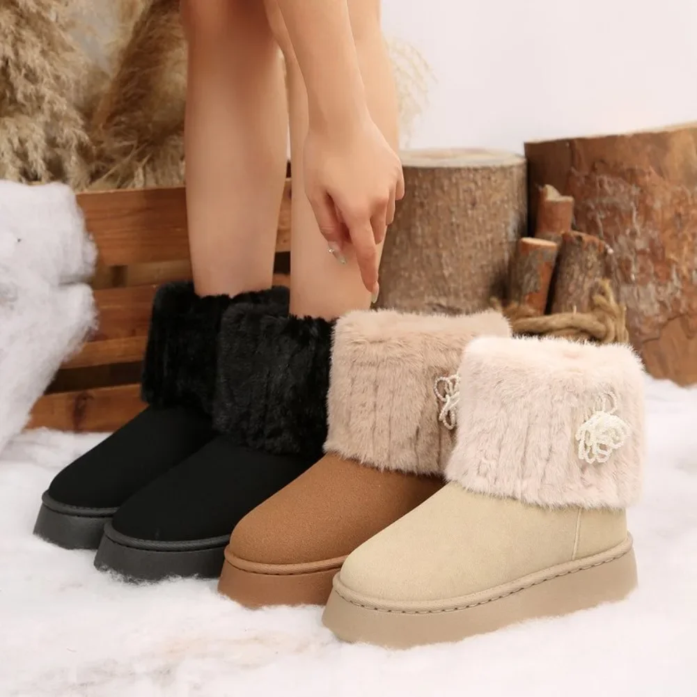 Shoes for Women Winter Slip on Women's Boots Black Round Toe Solid Flock Plush Warm Mid Heel Water Proof Casual Snow Boots Women