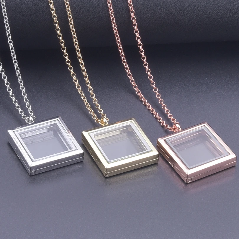 1Pc Square Glass Living Picture Locket Pendant Women Necklaces