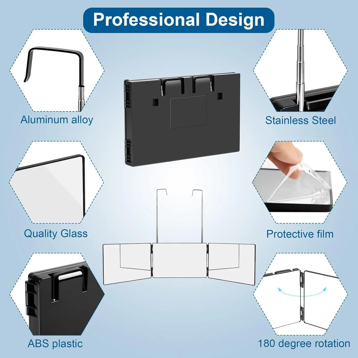 مرآة قابلة للطي ثلاثية الجوانب بزاوية 360 درجة، مر...