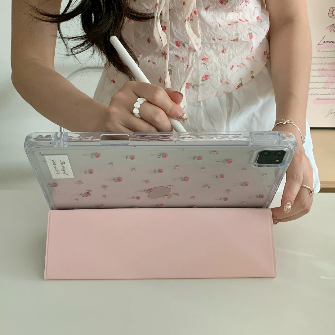 Rose Flowers Case With Pencil Holder For iPad