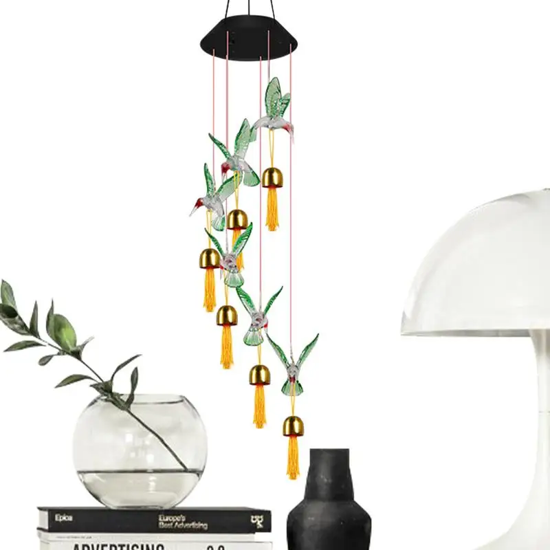 

Ветряные колокольчики на солнечной батарее, меняющие цвет, ветряные колокольчики с колибри на солнечной батарее, автоматические ветряные колокольчики, меняющие цвет, водонепроницаемые декоративные ветряные колокольчики