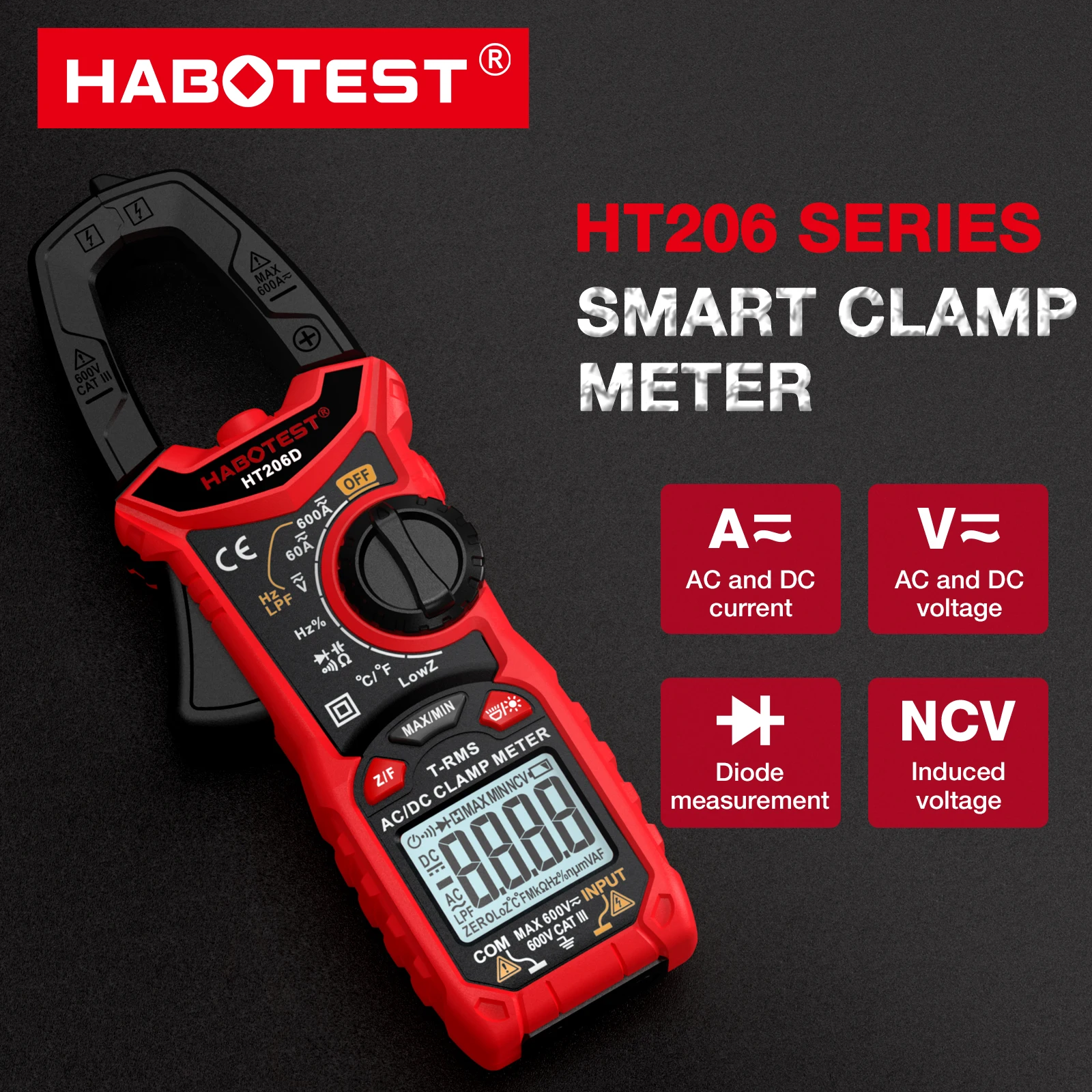HABOTEST Digital Clamp Meter HT206, DC AC current 600A multimeter ammeter voltage tester car Hz capacitance NCV testing functions