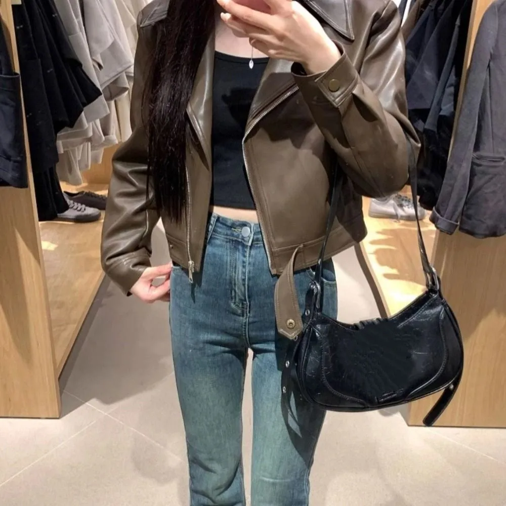 Sweet Pleated Leather Jacket Women Lapel Collar Outerwear Vintage PU Coats Korean Chic Zipper Overcoat Autumn/Winter