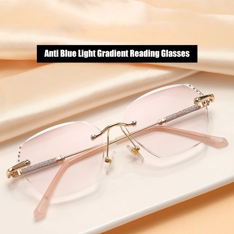 

Брендовые дизайнерские женские очки для чтения без оправы с защитой от синего света, женские модные градиентные розовые очки для дальнозоркости с защитой от излучения