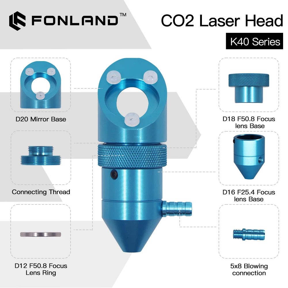 FONLAND CO2 레이저 헤드, K40 시리즈 레이저 조각 절단기, 렌즈 직경 12mm, 15mm, 18mm, 초점 길이 50.8mm 미러 20mm