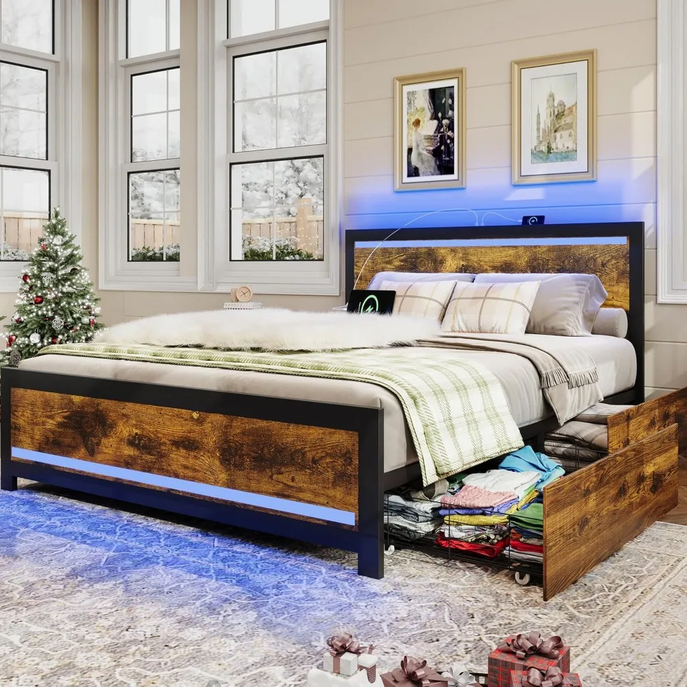 

Large bed frame headboard with storage space, built-in LED and USB charging, bedroom furniture, metal large bed frame