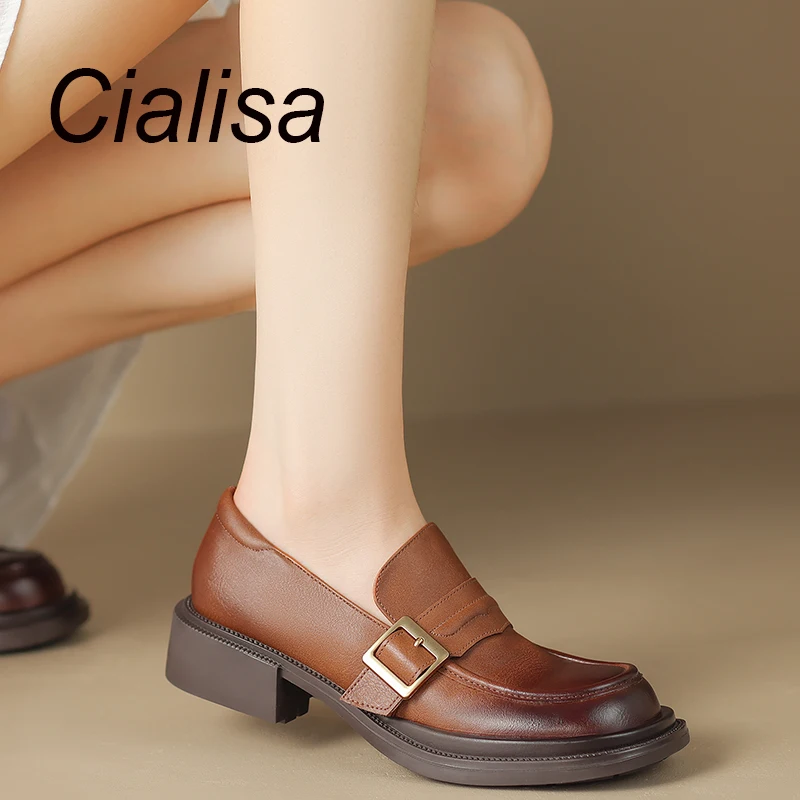 

Cialisa Vintage Shoes 2024 Spring Round Toe Casual Brown Loafers Handmade Genuine Leather Comfortable Low Heels Women's Shoes