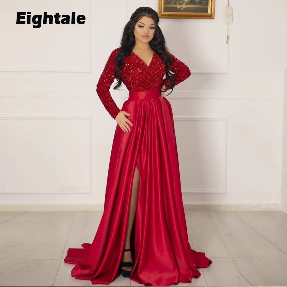

Eightale Arabic Evening Dress for Wedding Party V-Neck Sequined Top Satin Skirt Long Sleeves Dubai Prom Gowns robe longue dos nu