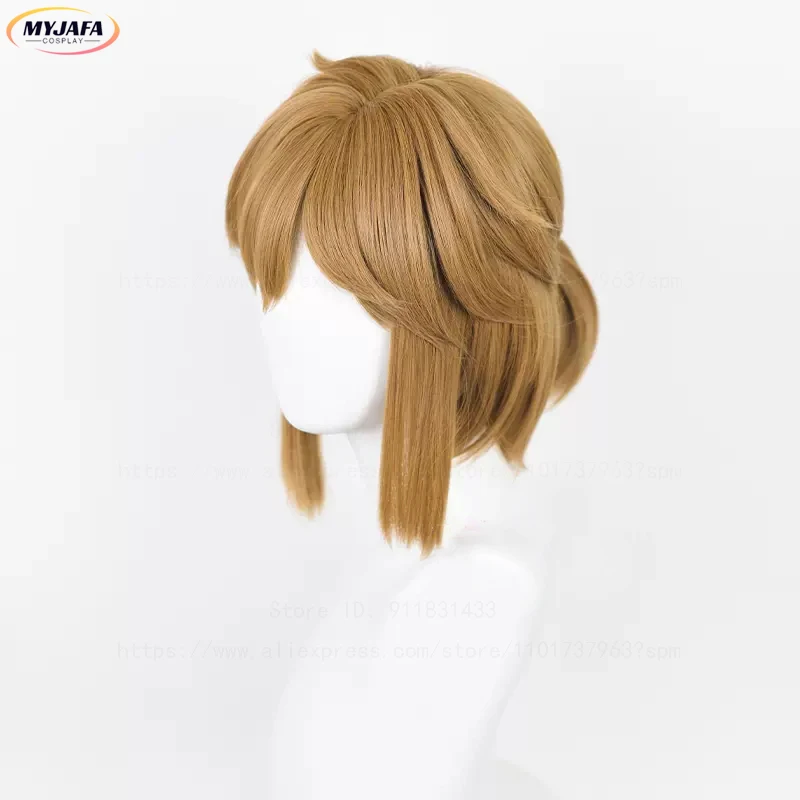 Hochwertige Breath of the Wild Link Cosplay-Perücke, kurz, goldbraun, Zopf, hitzebeständiges Haar, Anime-Spiel-Perücken + Perückenkappe – Detail 9