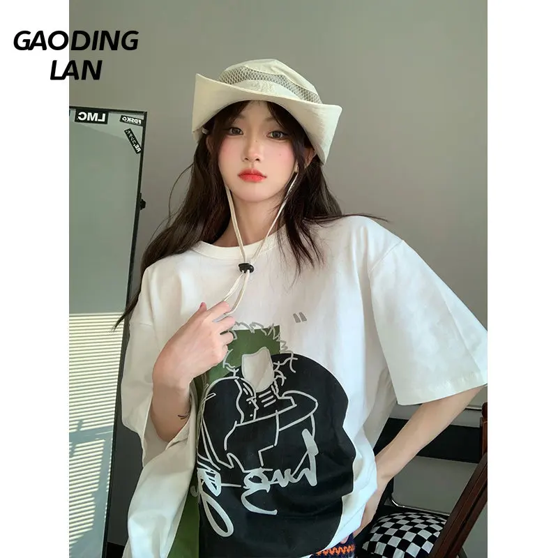 

Gaodinglan Summer Women Pure Cotton Short Sleeve T-shirts Harajuku Street Print Top Casual Large Size Loose Round Neck Tee Shirt