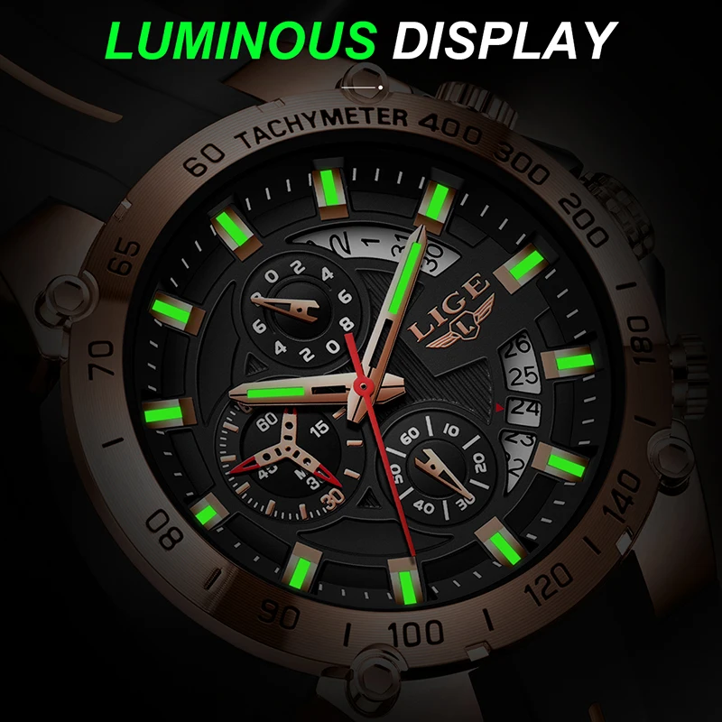 LIGE Mens Watches Top Brand Luxury Silicone Military Watch For Men Fashion Big Dial Waterproof Quartz Chronograph Reloj Hombre