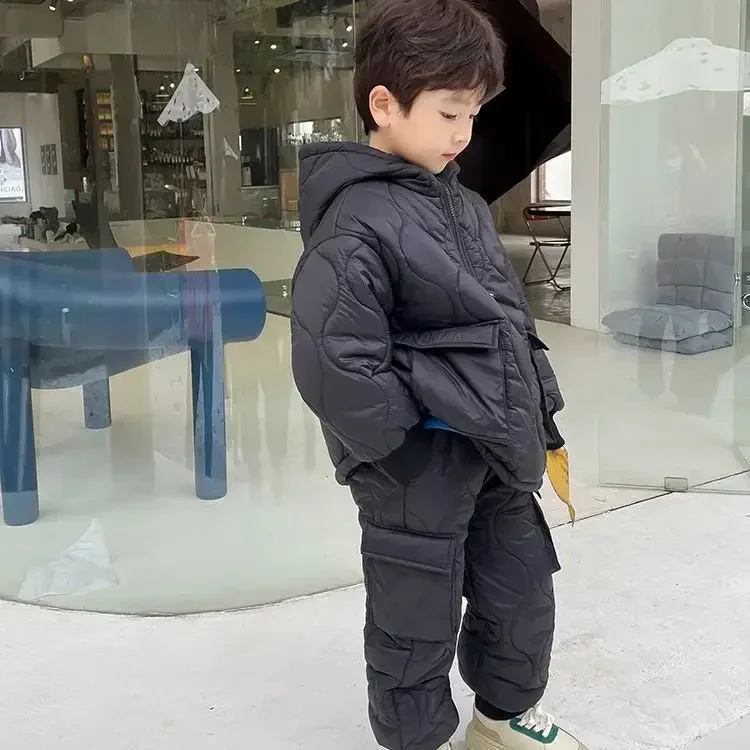 Childrens Winter Clothing Boys Cotton Suit Baby Winter Cotton Jacket Plush and Thickened Two-piece Set
