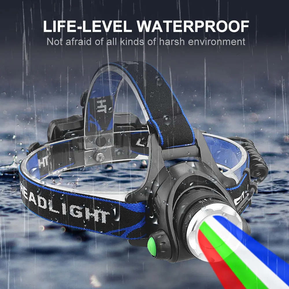 4 In 1 Adjustable Focus LED Headlight Red+Green+Blue+White Zoomable Fishing Front Head Flashlight Torch USB Red Warning Light head flashlight cob headlamp bike headlight