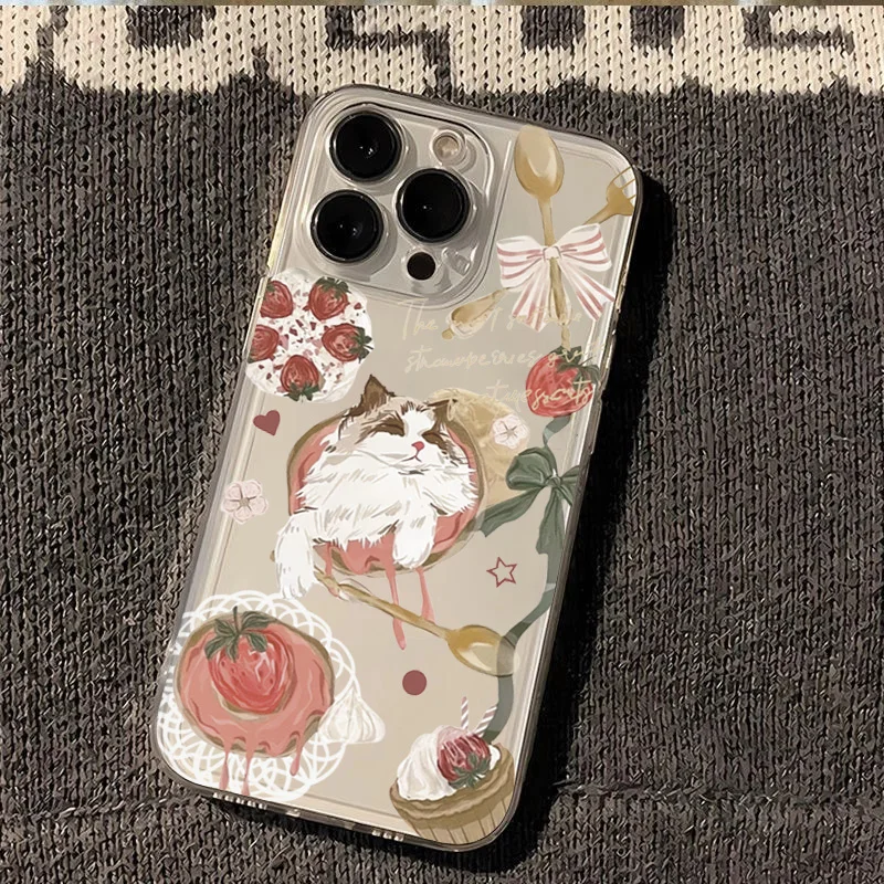 Korean Painted Cat Strawberry Case - Artistic Design Protective Phone Cover