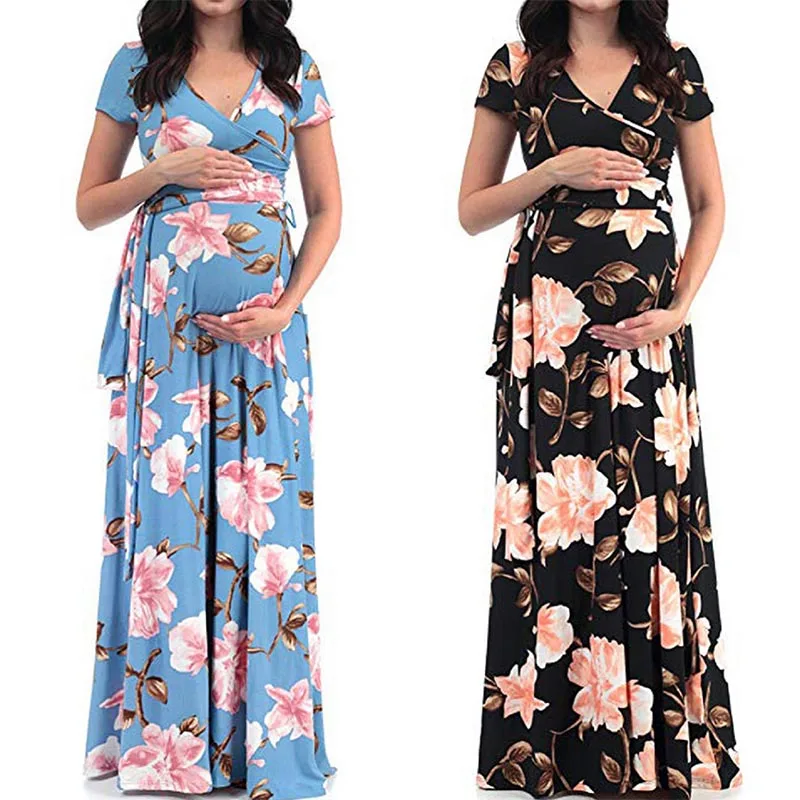 

Maternity Dress Women With Belted Floral Print Short Sleeve V-neck Maxi Long Dress Pregnant Casual Clothe Summer Maternity Dress