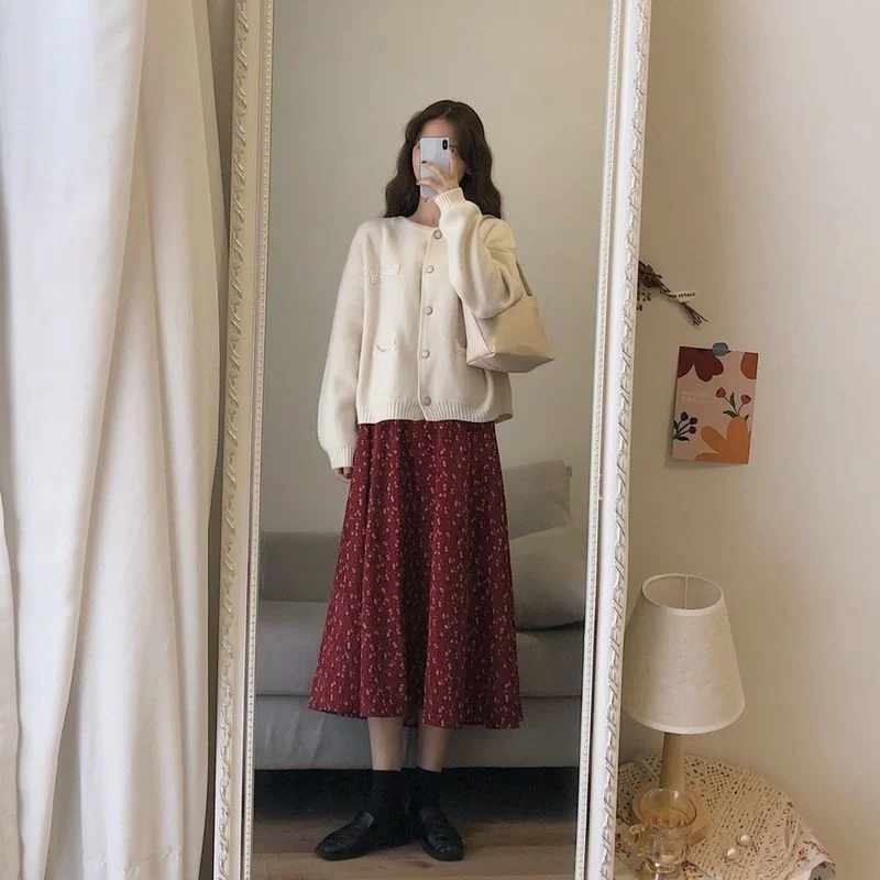 

New Women Korean High Waist Skirt Casual Slim Mid Length Fashion A Line Floral Print Chiffon Skirts 2022 Spring Summer
