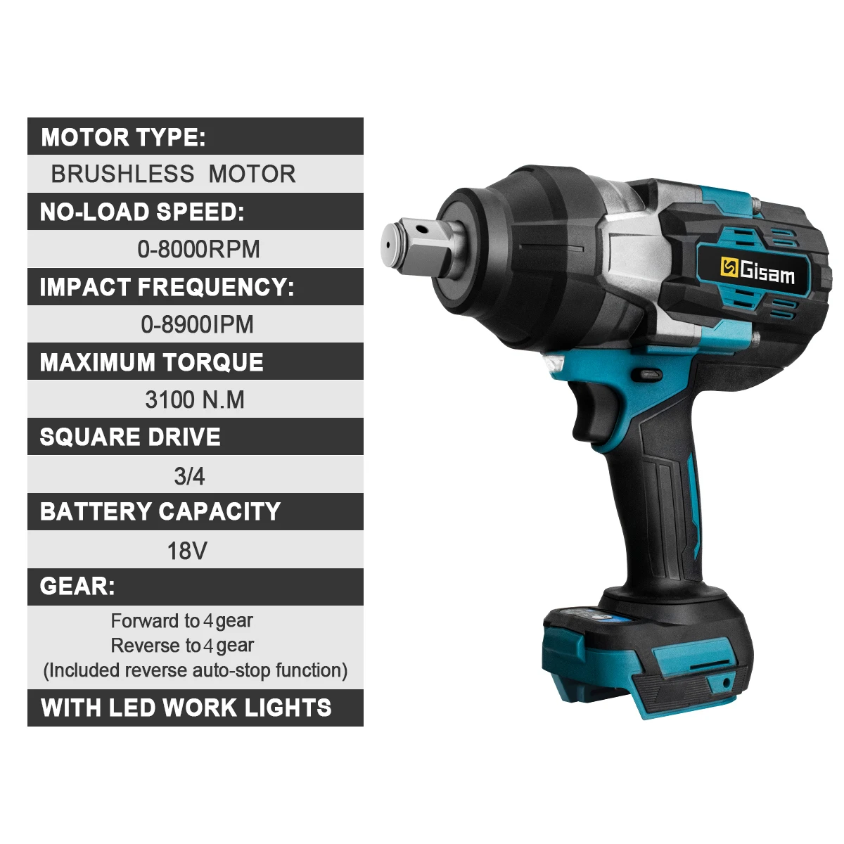 Gisam 3100N.M Torque Brushless Electric Impact Wrench 3/4 inch Cordless Electric Wrench Power Tool Compatible Makita 18V Battery 4