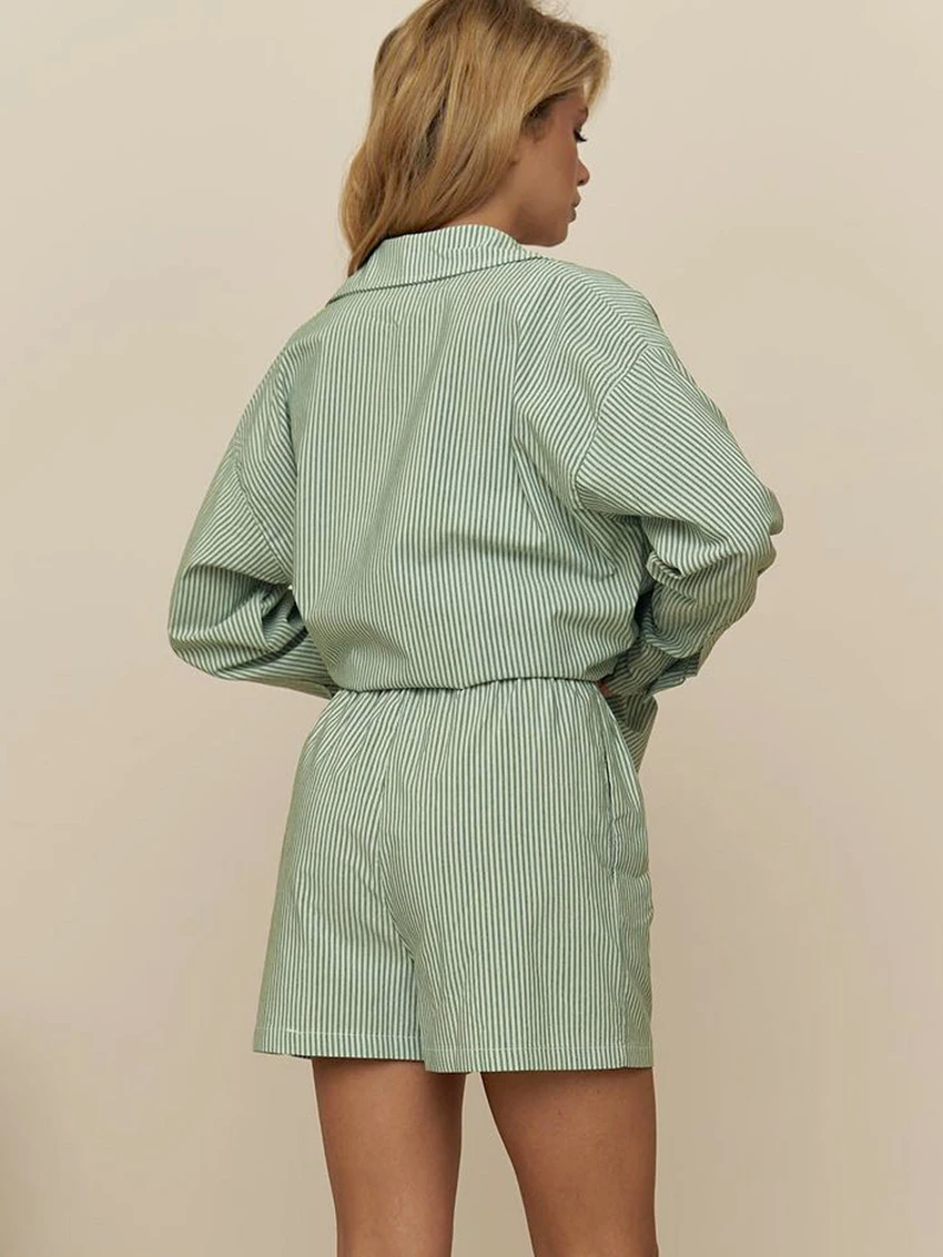 Marthaqiqi Casual Striped Female Pajamas Suit Turn-Down Collar Sleepwear Long Sleeve Nightgowns Shorts Home Clothes For Women'S