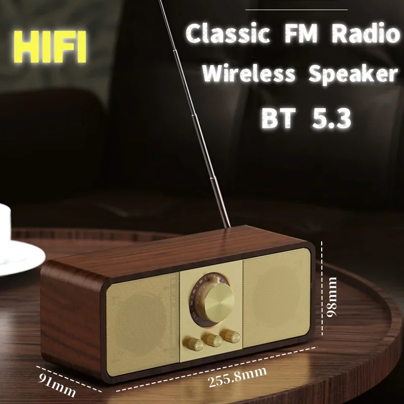 

Wireless Classics FM Radio Wooden Bluetooth Speaker HIFI Music Center Audience Portable Subwoofer BT 5.3 Sound Column USB/TF/AUX