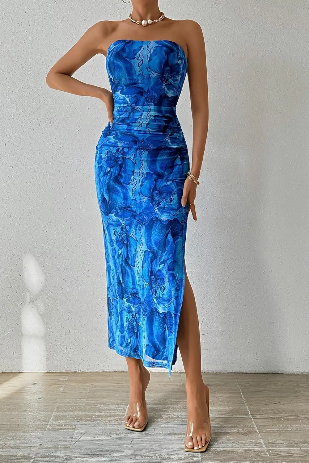 Summer Women Sexy Chestless Hem Slit Sleeveless Printed Dress 2