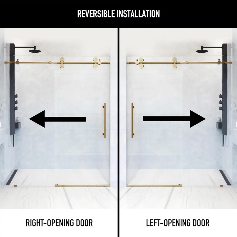 Adjustable Frameless Sliding Shower Door with Clear Tempered Glass, Matte Gold, 56-60 in. W x 74 in. H,  Shower Door 3