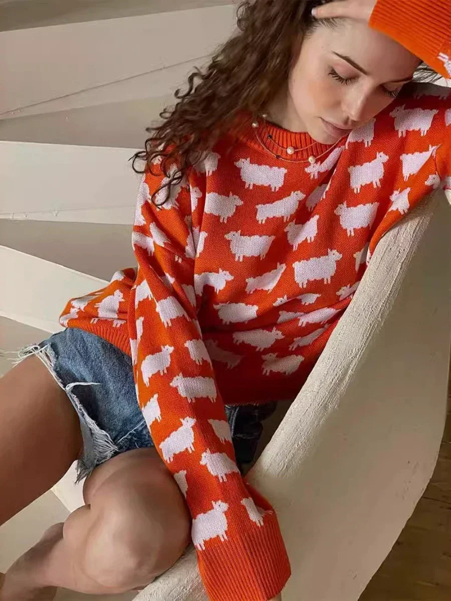 Bornladies O-neck Alpaca Printed Sweater Women's Loose Casual Mid Length  Retro Sweater Autumn Winter New Warm Pullover Top