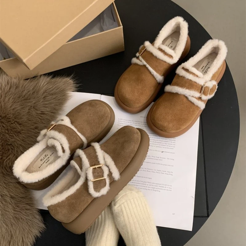 

Ankle Flat Plush Women Birken Suede Closed Toe Classic Retro Stock Vintage Warm Winter Metal Buckle Fur Female Casual Shoes