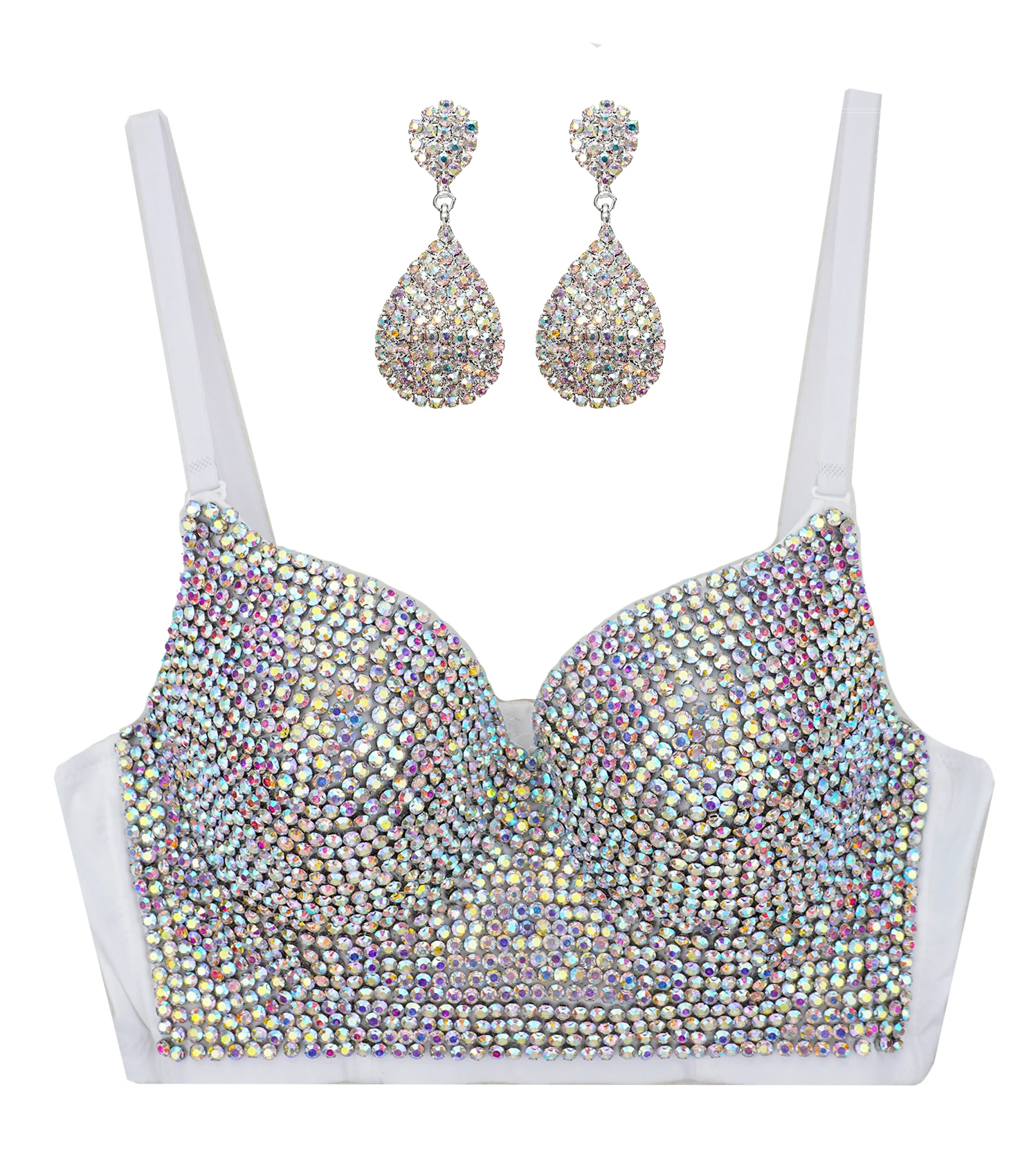Women's Handmade Diamond Push-up Bustier Crop Top Sexy Corset Bra with Shining Tassels Rhinestone Earring Drop Shipping