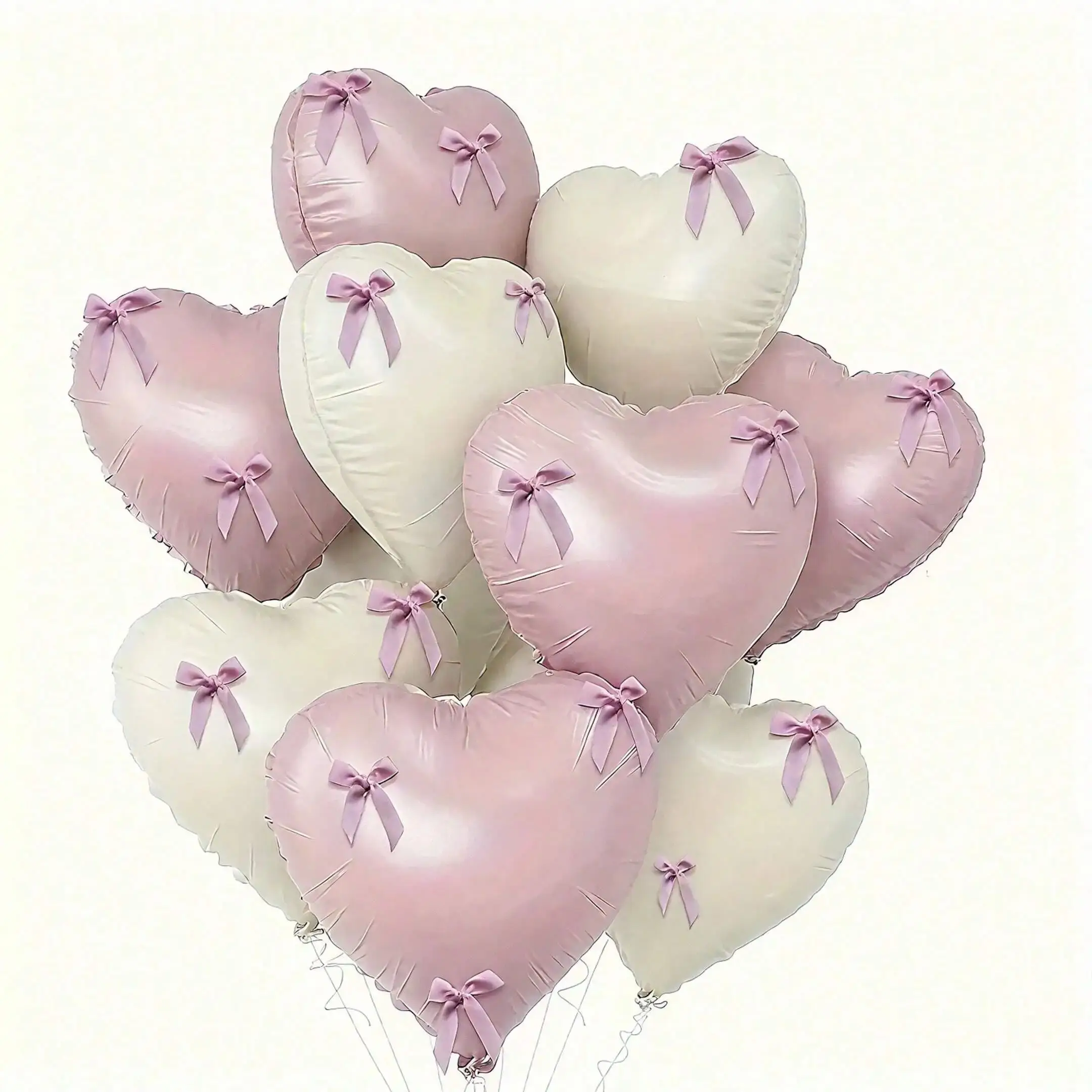 22-teiliges Set rosa und weiße herzförmige Aluminiumfolienballons mit rosa Schleifen für Party-Dekoration, Hochzeit, Geburtstag, Feier