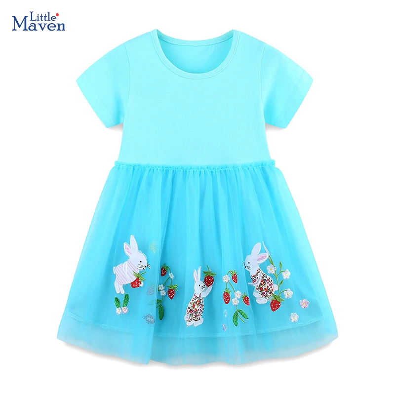 Little maven Children's Clothing Summer Cartoon Rabbits Embroidered Dresses New Year Gifts Mesh Baby Girls Party Dress Cute
