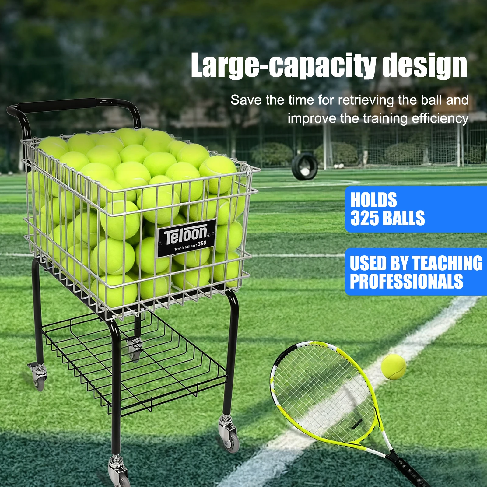 Tennis Teaching Cart with Wheel Wheeled Tennis Ball Hopper Holds 350 Balls Basket Carrier Gatherer Picker Hopper Container