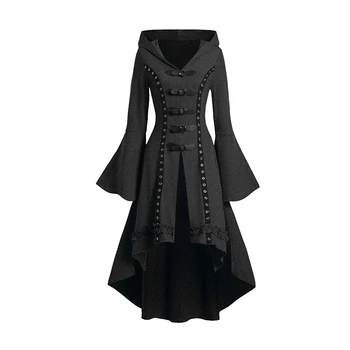 Dressfo Women's Grommet Gothic Hooded Top High Low Hem Buckle Flare Sleeve Frilled Top Long Sleeves Hooded Halloween Tops