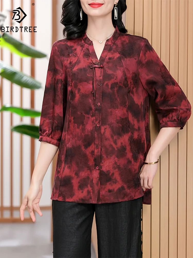 

BirdTree, рубашки из натурального шелка с поливальной марлей, женская блузка с рукавом до локтя, элегантная ретро-блузка для поездок, весна-лето 2024 T45741QM