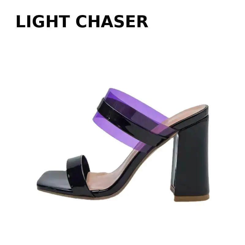 Women's Summer Sexy Large Size High-heeled Sandals And Slippers Solid Color One-line Comfortable Square Head Stiletto Sandals