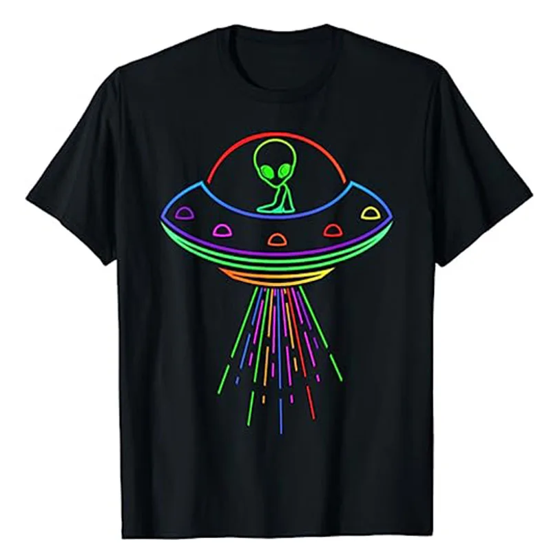 

Space Alien UFO Neon Lights Rave Alien Lovers T-Shirt Funny Science Fiction Graphic Tee Tops Short Sleeve Blouses Aliens Outfits