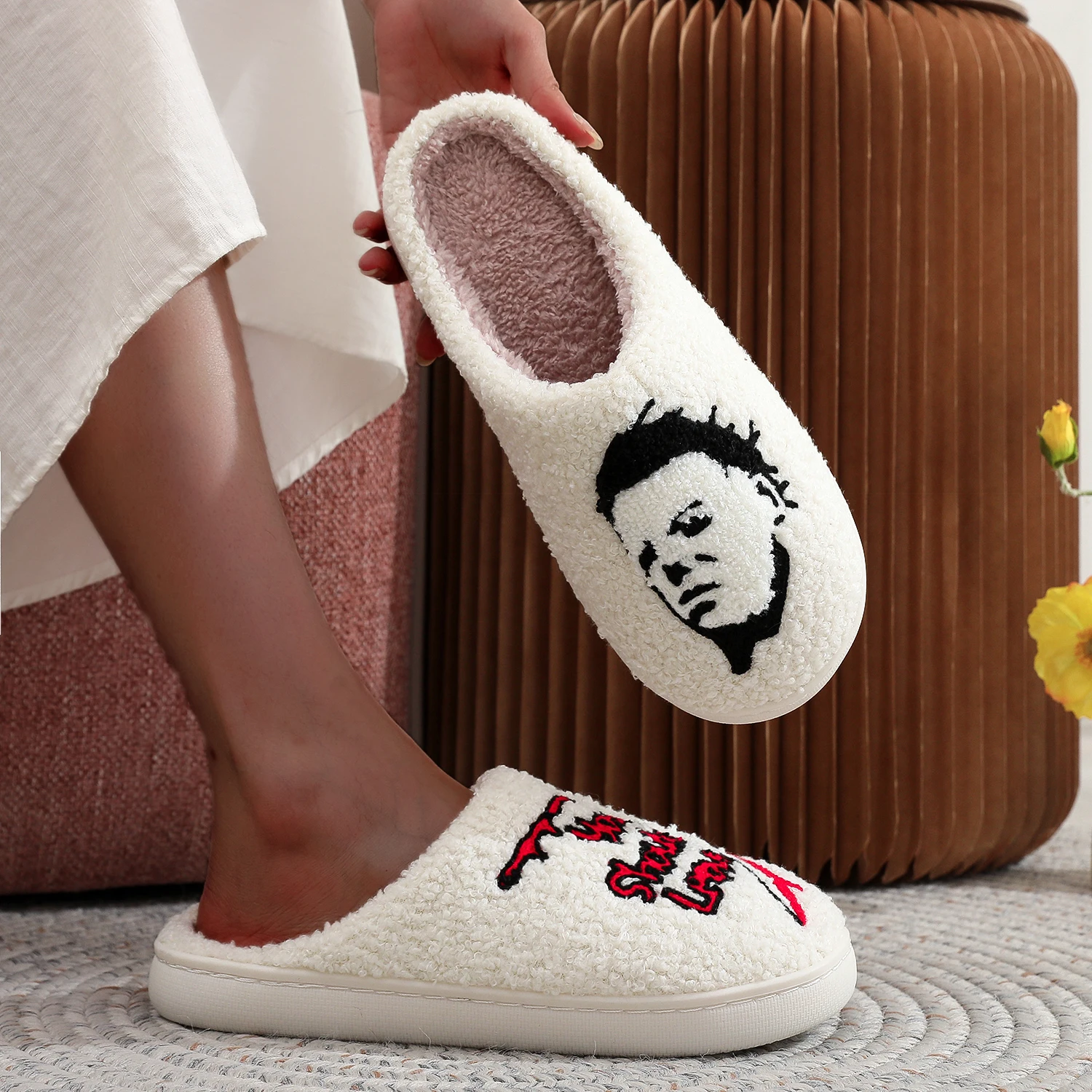 Horror Thriller Movie Michael Myers Halloween Embroidery stuffed Home Thick Sole plaid Furry Cotton Slippers Cute Warm Non-slip Indoor Slippers For Gifts 5