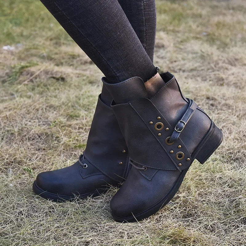 Women's Ankle Boots Women Female Autumn and Winter Retro Low Heels Ladies PU Leather Shoes Vintage Zip Boots Drop Shipping 2024