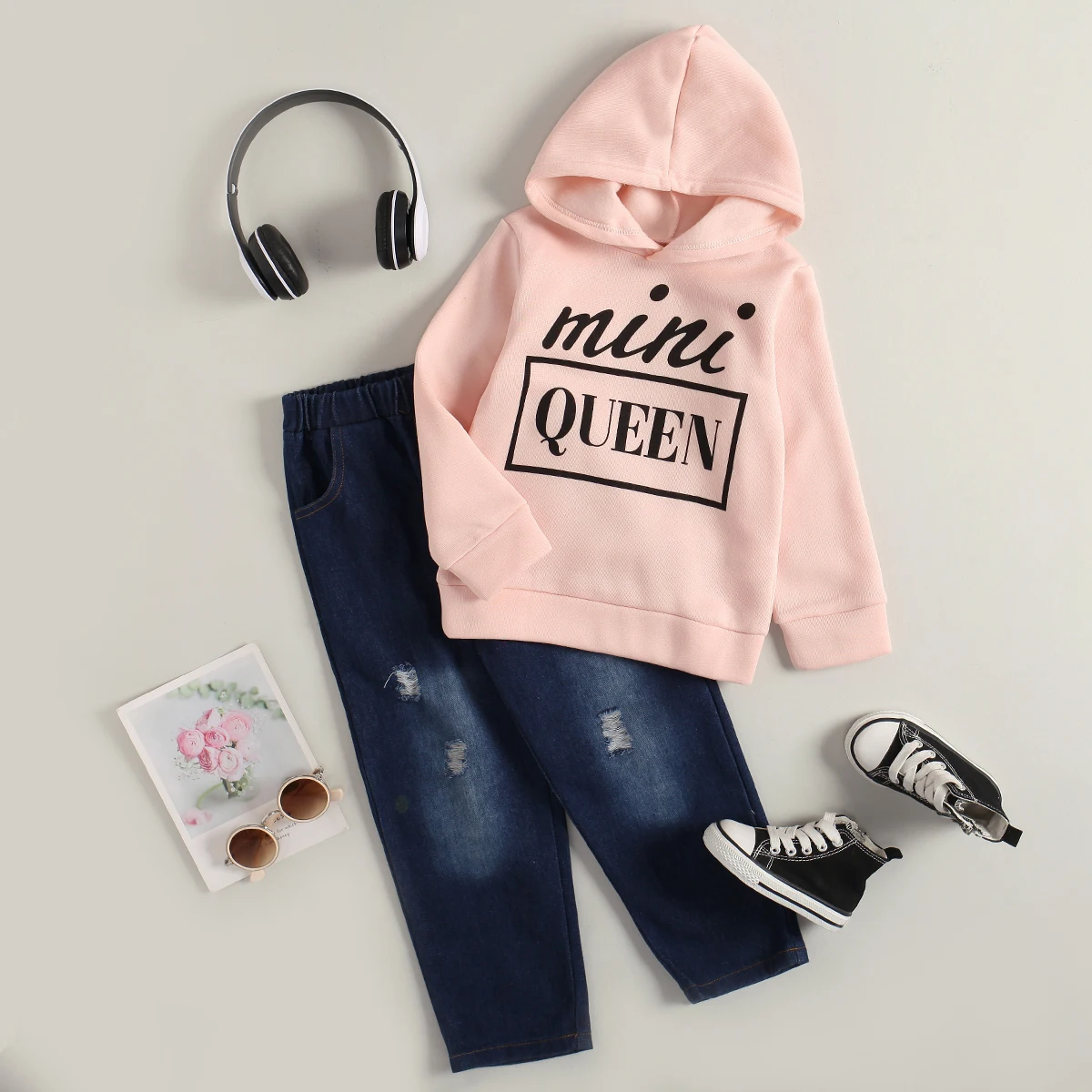 

Girls Set Hooded Long Sleeved Letter Top With Torn Denim Pocket Pants For Fashionable Warmth Leisure And Home Use