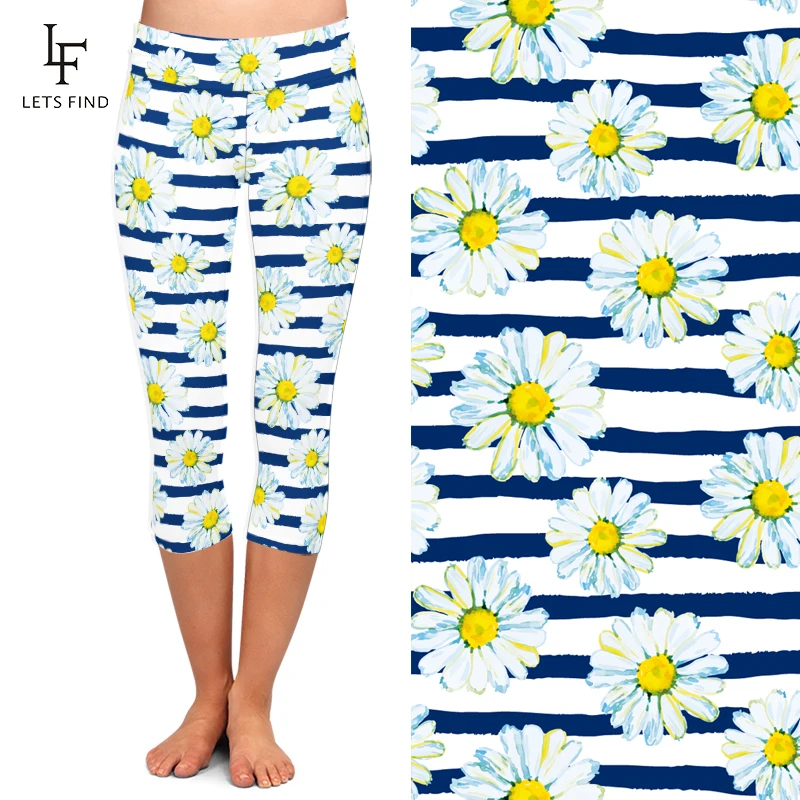 LETSFIND Summer New Daisy Design Women Capri Leggings Fashion Casual Mid 3/4 Fitness Leggins  Hot Sale