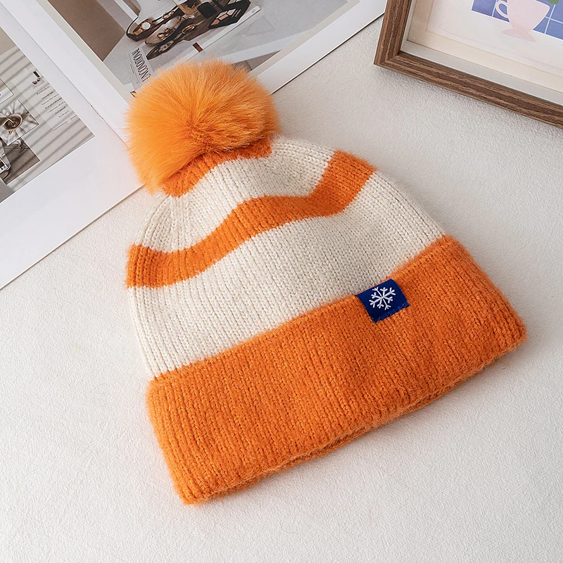 Hot Sale Women Beanie Hat Color Blocked Style Plush Fur Lined Pompoms Winter Hat Fashion Warm Beanie For Woman Girl