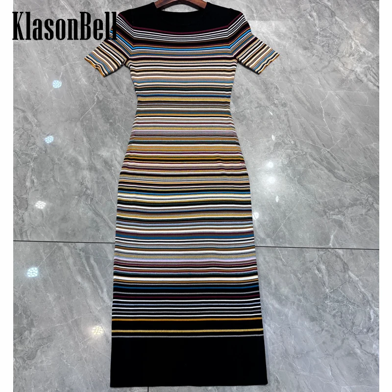 

Новое поступление 5,8, Модное Элегантное трикотажное облегающее платье KlasonBell в полоску для женщин, платье средней длины с круглым вырезом и коротким рукавом