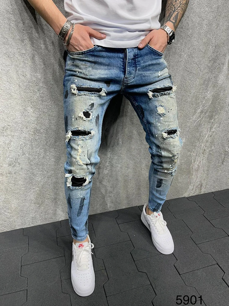 

Blue Skinny Jeans for Men ​Painted Stretch Slim Fit Ripped Distressed Pleated Knee Patch Denim Pants Brand Casual Trouser Male