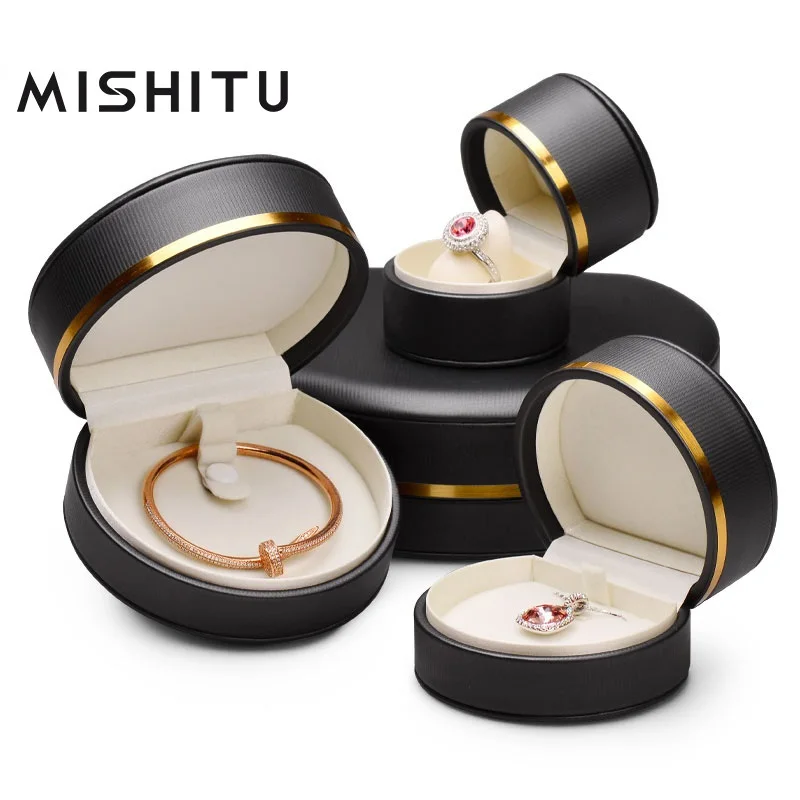 

MISHITU Black Jewelry Box Fashion Ring Pendant Bracelet Jewelry Storage Imported PU Leather Exquisite Black Round Box
